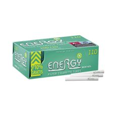 Packung Zigarettenhülsen Energy+ Menthol. Hellgrüne Packung mit weißer Energy+ Aufschrift und gelber 110 und Hülsen.
