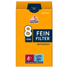 Packung  Filter Gizeh Feinfilter Aktivkohle 8mm. Orange Schachtel mit blauer Gizeh Aufschrift und Feinfilter Buttom.