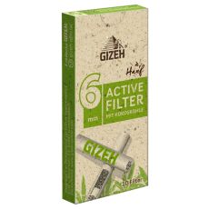 Packung Filter Gizeh Hanf Active 6mm. Beige-grüne Packung mit Hanf Blättern und grünem Active Filter Buttom.