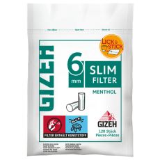 Beutel GIZEH Slim Filter Menthol 6mm Zigarettenfilter mit Klebefläche 120 Stück. Gizeh Slim Filter Menthol 6mm Zigarettenfilter zum Drehen.