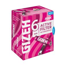 Packung GIZEH Zigarettenfilter Pink Active. Pinke Schachtel mit weißer Gizeh und 6mm Aufschrift und Filter.