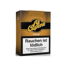 Schachtel  Filterzigarillos Al Capone Pockets Gold Filter 18 Stück. Goldene Packung mit gelben Logo.