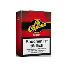 Schachtel Filterzigarillos Al Capone Pockets Sunset 18 Stück. Rote Packung mit gelben Al Capone Logo.