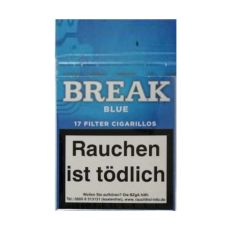 Schachtel Break Filterzigarillos blau/blue mit einem Inhalt von 17 Stück Zigarillos. Break Filterzigarillos blau/blue Stange mit 10 Packungen.