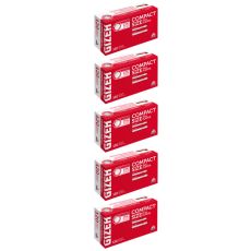 Gebinde Zigarettenhülsen Gizeh Compact Size. Fünf rot-weiße Packung mit weißer Gizeh Compact Size Aufschrift und Gizeh Logo.