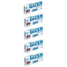 Gebinde Zigarettenhülsen Gizeh Fresh Cliq. Fünf weiße Packungen mit blauer Gizeh und Fresh Cliq Aufschrift.