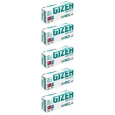 Gebinde ZigarettenhülsenGizeh Menthol. Fünf weiße Packungen mit grüner Gizeh Menthol Aufschrift.