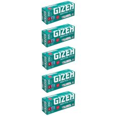 Gebinde Filterhülsen Gizeh Menthol Extra. Fünf grüne Packung mit weißer Gizeh Menthol Aufschrift und Filter Abbildung.