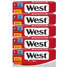 Gebinde Zigarettenhülsen West Red 200. Fünf rot-graue Packungen mit West Logo und gelbes 200 Stück Bottom.