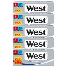 Gebinde West Zigarettenhülsen Silver / Silber 200 Hülsen 1000 Stück. 5 Packungen mit je 200 Stück Filterhülsen West Silver.