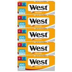 Gebinde Zigarettenhülsen West Yellow 200. Fünf gelb-graue Packung mit weiß-schwarzem West Logo.