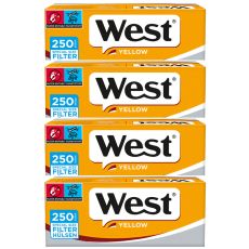 Gebinde Zigarettenhülsen West Yellow 250 Special Size. Vier gelb-graue Packungen mit West Logo und blauem 250 Stück Botton.
