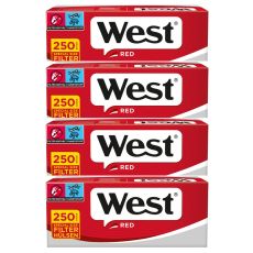 Gebinde Zigarettenhülsen West Red 250 Special Size. Vier rot-graue Packungen mit weiß-schwarzem West Logo.