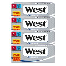 Gebinde Zigarettenhülsen West Silver 250 Special Size 1000 Stück. Vier silber-graue Packungen mit West Logo.