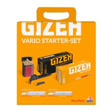 Gizeh Vario Starter-Set. Orange Packung mit weißer Gizeh Aufschrift und Abbildung von Hülsen, Stopfer und Box.