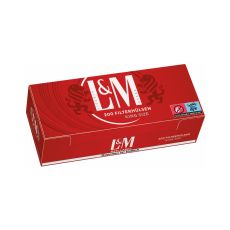 Packung Hülsen L&M Rot 200 King Size. Rote Packung mit weißem L&M Logo und dunkelroten Löwen.