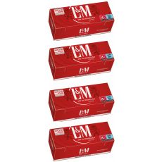 Gebinde Hülsen L&M Rot 250 Extra Size. Vier rote Packungen mit weißem L&M Logo und Löwen.