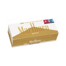 Packung Hülsen Marlboro Gold 200 King Size. Gold-weiße Packung mit Marlboro Aufschrift.