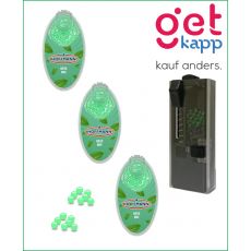 Set Hoffmann Aromakugeln Green Mint + Kapselspender. Drei grüne Packungen mit grünen Kugeln und schwarzen Kapselspender.