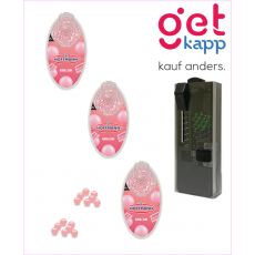 Set Hoffmann Aromakugeln Bubble Gum + Kapselspender. Drei rosa Packungen mit rosa Kugeln und schwarzen Kapselspender.