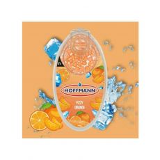 Packung Hoffmann Aromakugeln Fizzy Orange. Orange Packung mit Mandarinen und orangen Kugeln und zehn Stück Bottom