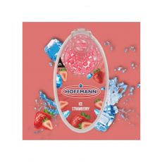Packung Hoffmann Aromakugeln Eis Erdbeere. Hellroter Hintergrund mit roter Ice Strawberry Packung und Hoffmann Logo.