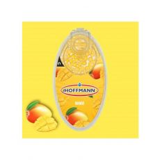 Packung Hoffmann Aromakugeln Mango. Gelber Hintergrund mit Mango und gelbe Packung mit Hoffmann Logo.