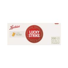Packung Huelsen Lucky Strike Red 200 Xtra. Weiße Packung mit rotem Lucky Strike Logo.