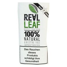 Pouch Real Leaf Natural Damiana Tabakersatz. Weißes Päckchen mit grün-schwarzem Real Leaf Logo mit Blatt.