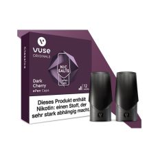 Packung Liquid Caps Vuse ePEN Dark Cherry 12mg/ml. Lila Schachtel mit zwei schwarzen Caps.