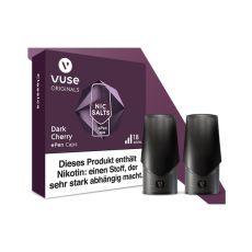 Packung Liquid Caps Vuse ePEN Dark Cherry 18mg/ml. Lila Schachtel mit zwei schwarzen Caps.