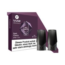 Packung Liquid Caps Vuse ePEN Dark Cherry 6mg/ml. Lila Schachtel mit zwei schwarzen Caps.