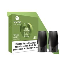 Packung Liquid Caps Vuse ePEN Green Apple 18mg/ml. Grüne Schachtel mit zwei schwarzen Caps.