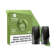 Packung Liquid Caps Vuse ePEN Green Apple 18mg/ml. Grüne Schachtel mit zwei schwarzen Caps.