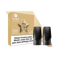 Packung Liquid Caps Vuse ePEN Infused Vanilla 12mg/ml. Beige Schachtel mit zwei Caps.