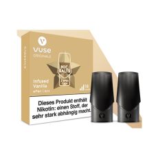Packung Liquid Caps Vuse ePEN Infused Vanilla 18mg/ml. Beige Schachtel mit zwei Caps.