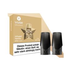 Packung Liquid Caps Vuse ePEN Infused Vanilla 6mg/ml. Beige Schachtel mit zwei schwarzen Caps.
