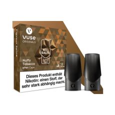 Packung Liquid Caps Vuse ePEN Nutty Tobacco 12mg/ml. Braun marmorierte Schachtel mit zwei Caps.