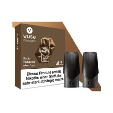 Packung Liquid Caps Vuse ePEN Rich Tobacco 18mg/ml. Dunkelbraune Schachtel mit zwei Caps.