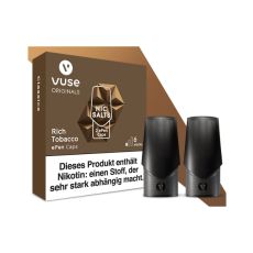 Packung Liquid Caps Vuse ePEN Rich Tobacco 6mg/ml. Dunkelbraune Schachtel mit zwei Caps.