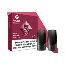 Packung Liquid Caps Vuse ePEN Wild Berries 6mg/ml. Bordeaux rote Schachtel mit zwei Caps.