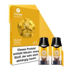 Packung Liquid Caps Vuse ePod Blushed Mango 12mg/ml. Orange Packung mit zwei Liquid Pods im Vordergrund.