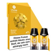 Packung Liquid Caps Vuse ePod Blushed Mango 18mg/ml. Orange Packung mit zwei Liquid Pods im Vordergrund.