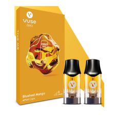 Packung Liquid Caps Vuse ePod Blushed Mango 0mg/ml. Orange Packung mit zwei Liquid Pods im Vordergrund.