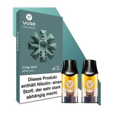 Packung Liquid Caps Vuse ePod Crisp Mint 12mg/ml. Türkise Packung mit zwei Liquid Pods im Vordergrund.