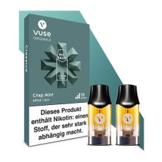 Packung Liquid Caps Vuse ePod Crisp Mint 18mg/ml. Türkise Packung mit zwei Liquid Pods im Vordergrund.