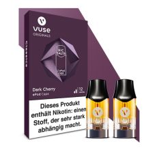 Packung Liquid Caps Vuse ePod Dark Cherry 12mg/ml. Lila Packung mit zwei Liquid Pods im Vordergrund.