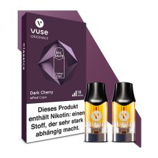 Packung Liquid Caps Vuse ePod Dark Cherry 18mg/ml. Lila Packung mit zwei Liquid Pods im Vordergrund.