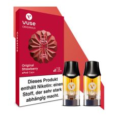 Packung Liquid Caps Vuse ePod Strawberry 18mg/ml. Rote Packung mit zwei Liquid Pods im Vordergrund.