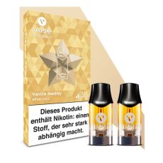 Packung Liquid Caps Vuse ePod Vanilla Medley 12mg/ml. Gemusterte beige Packung mit zwei Liquid Pods im Vordergrund.